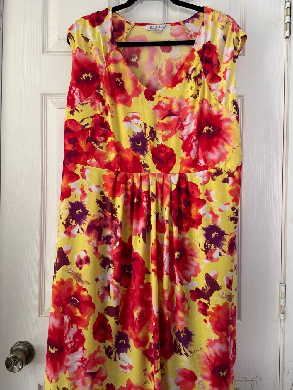 Plus Size V-Neck Floral Dress 18W Yellow Red Empire Waist Feminine Garden Party
